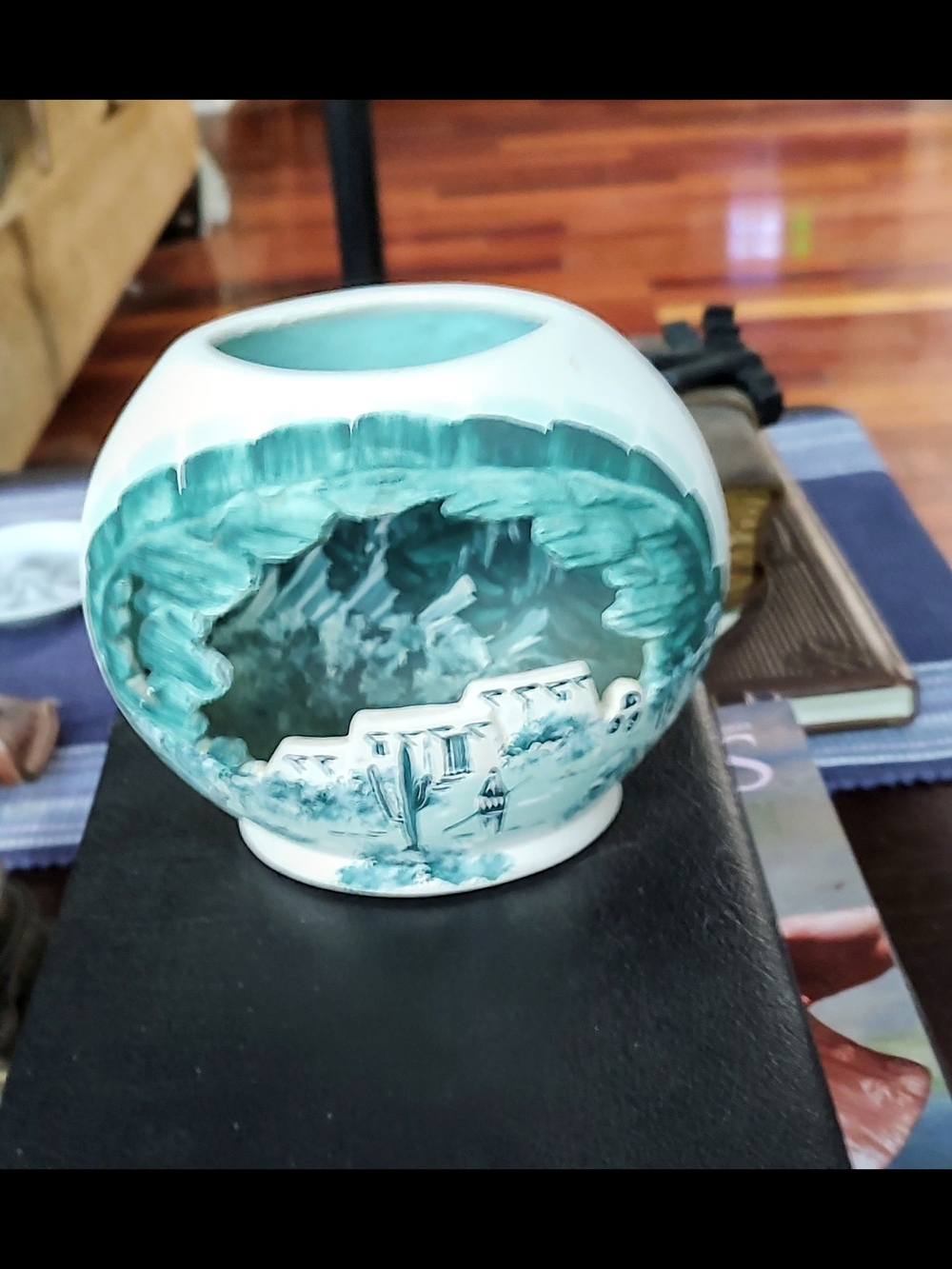 Hand-Painted Ceramic Globe Vase in Teal and White